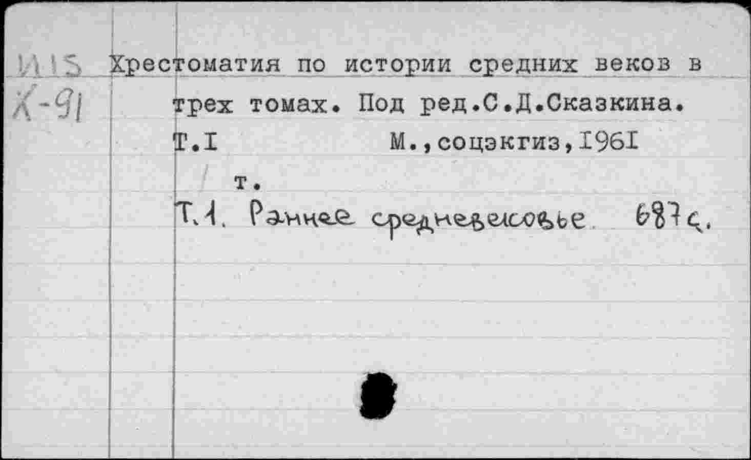 ﻿412и_		Хрес	томатин по истории средних веков в трех томах. Под ред.С.Д.Сказкина. Т.1	М.,соцэкгиз,1961 т. Т4. Раннов сродиеделоо^ъе
			
			
			
			•
			